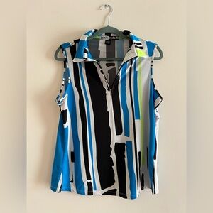 Jamie Saddock Blue, Black & White Striped Sleeveless Polo with Lime Accent